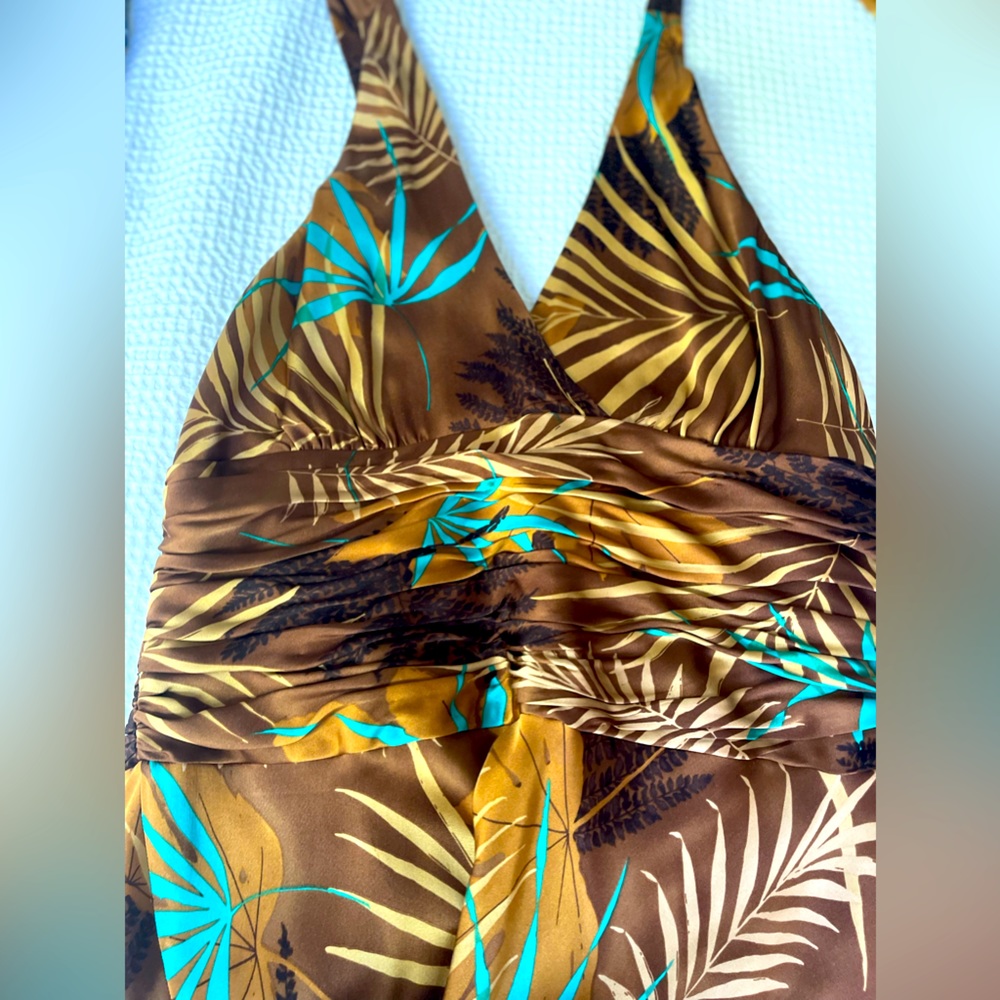 Jones of New York Brown Silk Palm Tropical Pattern Halter Dress. Excellent.